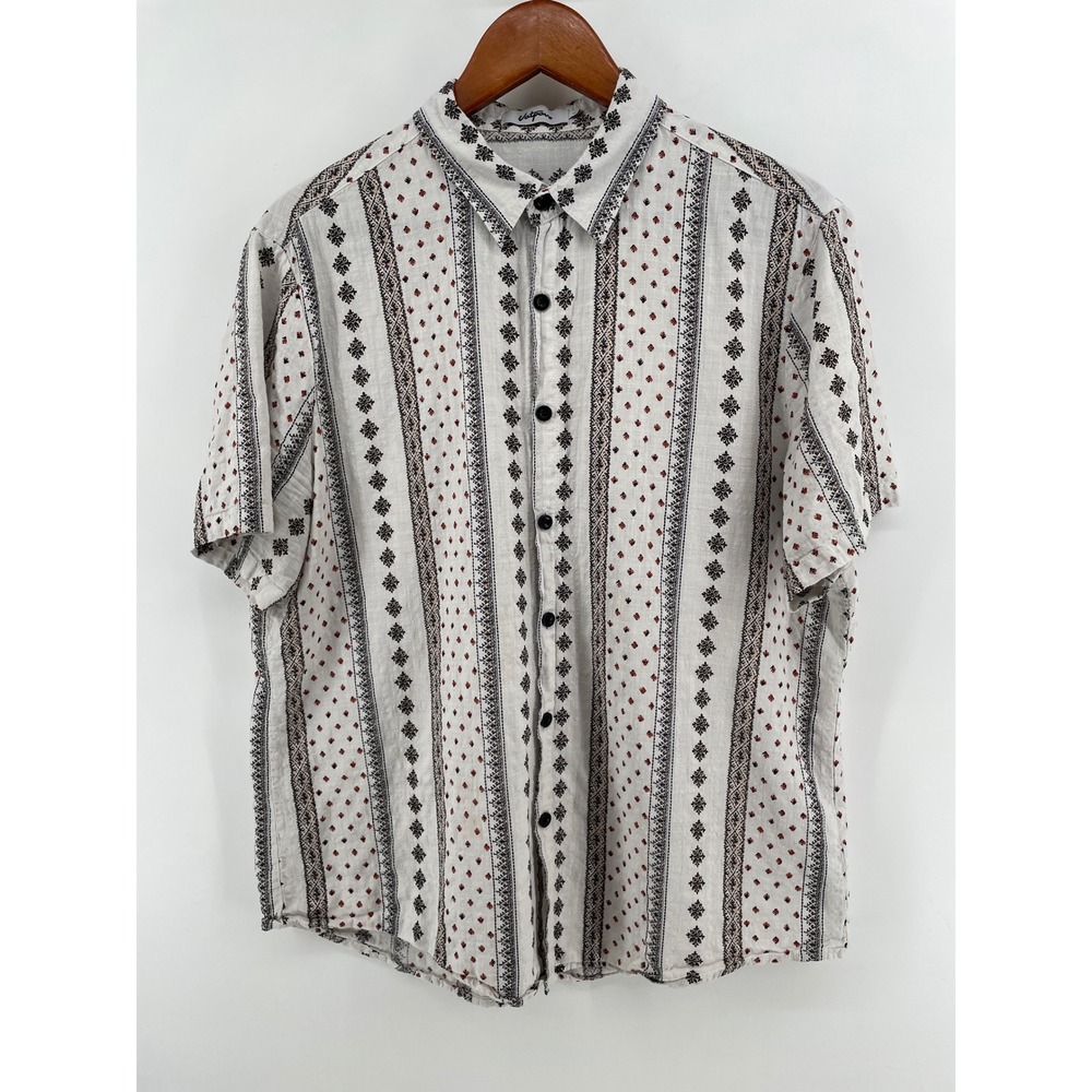 Vatpave Button Down Shirt Mens Large White Geometric Tribal Short Sleeve‎ Cotton